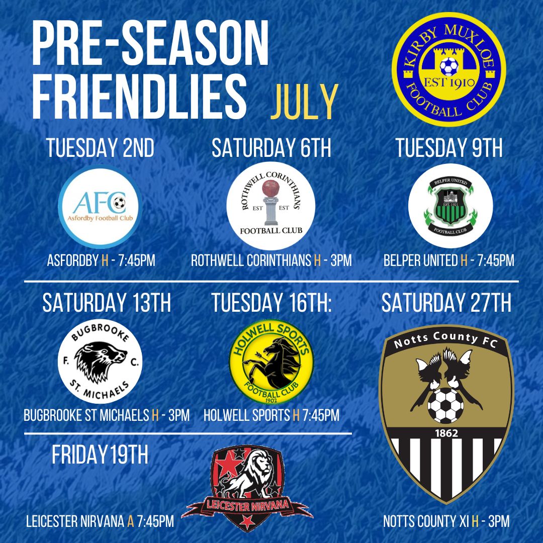 Our preseason schedule has been finalised, which will see friendlies starting on Tues 2nd July

A tough schedule to prepare the team for the start of the new season, in the <a href="/MidlandLeague/">Capelli Sport Midland Football League</a> 

<a href="/AsfordbyFC/">Asfordby FC</a> <a href="/RothwellCFC/">Rothwell Corinthians</a> <a href="/BelperUnited/">𝙱𝚎𝚕𝚙𝚎𝚛 𝚄𝚗𝚒𝚝𝚎𝚍 | 🟢⚫️</a> <a href="/BadgersUcl/">Bugbrooke St. Michaels FC</a> <a href="/1902Hsfc/">Holwell Sports FC</a> <a href="/LeicNirvana/">Leicester Nirvana FC</a> <a href="/Official_NCFC/">Notts County FC</a>