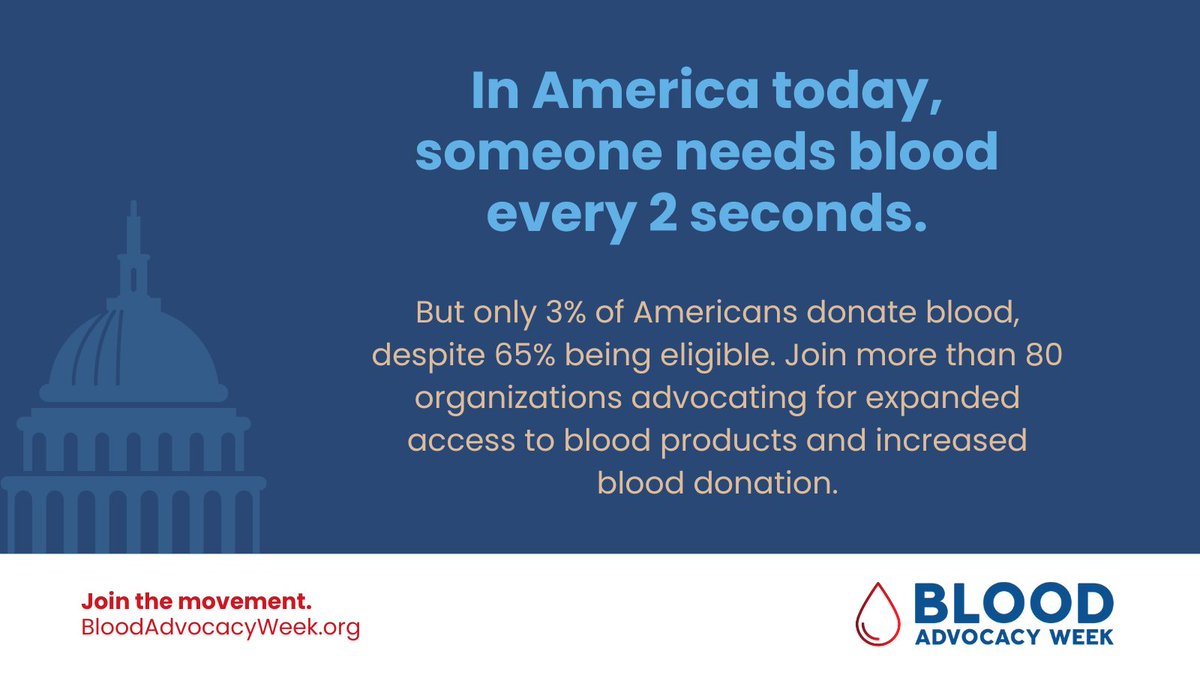 🩸 Today is the start of Blood Advocacy Week! More than 80 organizations, advocates, community blood centers, and blood organizations are working together to expand access to vital blood products. Let's save lives together! Learn more at BloodAdvocacyWeek.org #BloodAdvocacy