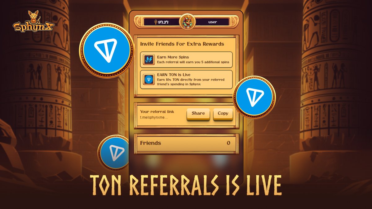 kinds_ai's tweet image. 😻Super News: Invite Friends and Earn Direct $TON

😼We are proud to announce that the exclusive TON Referrals feature is live now. You will instantly earn 10% TON from your referred friend&apos;s spending in the #Sphynx ecosystem.

😽Get Ready to #SpinforSphynx