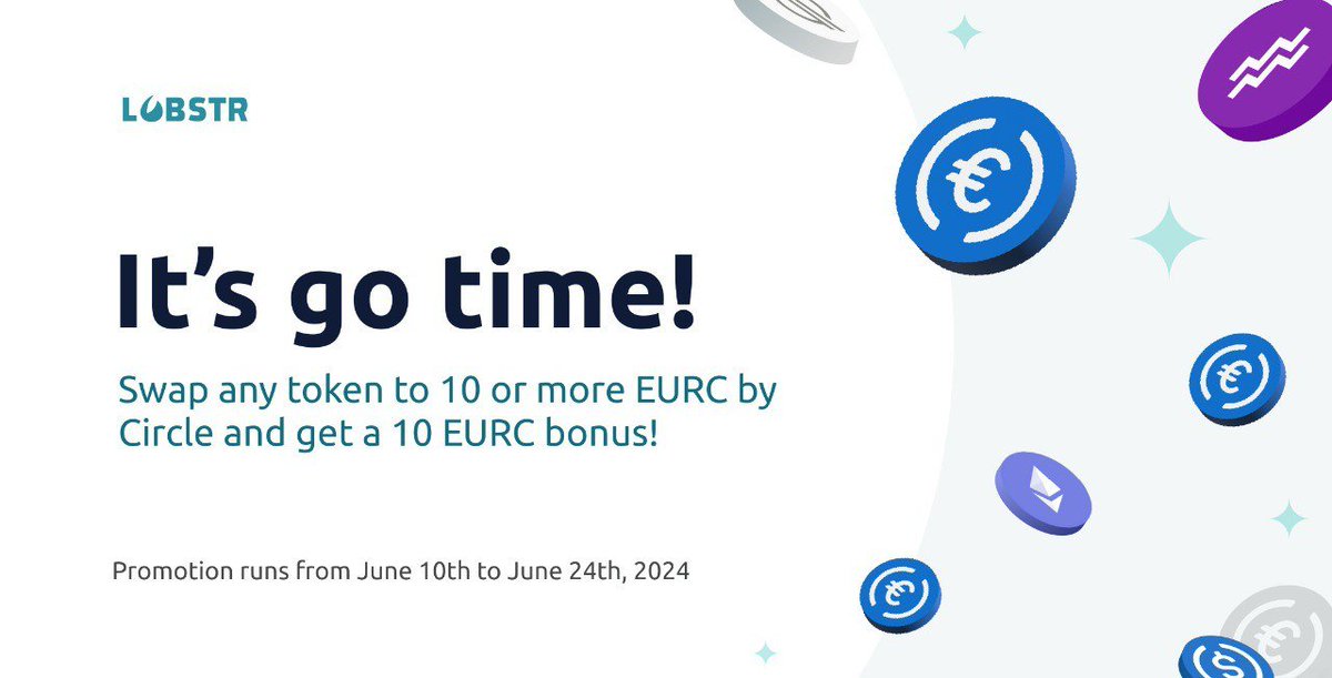 🚀 It's go time! 🚀
The EURC Promo is LIVE! Swap any token to 10 or more EURC by Circle on LOBSTR and be one of the first 4500 users to get 10 EURC! 💶🦞

Details here: lobstrco.medium.com/eurc-with-lobs…

#LOBSTR #Stellar #EURC
