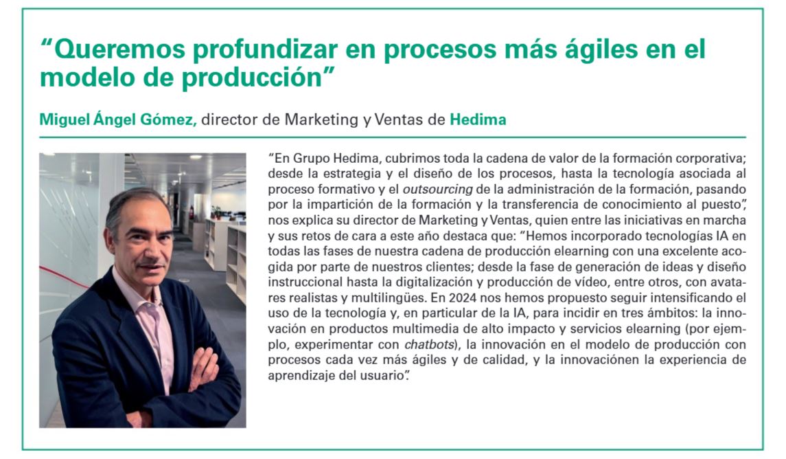 GrupoHedimaLD's tweet image. 👀¡La #InteligenciaArtificial está revolucionando nuestra cadena de producción elearning!

☝Nuestro Director Comercial y de Marketing nos cuenta sobre la #IA en el último número de Equipos y Talento.
#contentfactory #desarrollodetalento #formaciónydesarrollo