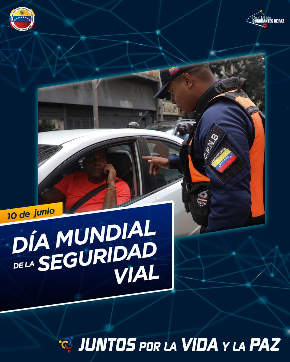#10JUN || En el Día Mundial de la Seguridad Vial, ratificamos nuestro compromiso como país, en la prevención integral en materia de tránsito y transporte terrestre como mecanismo para la protección de la vida y la paz en todas las vías de nuestra Patria.

#VenezuelaJusticiaYPaz