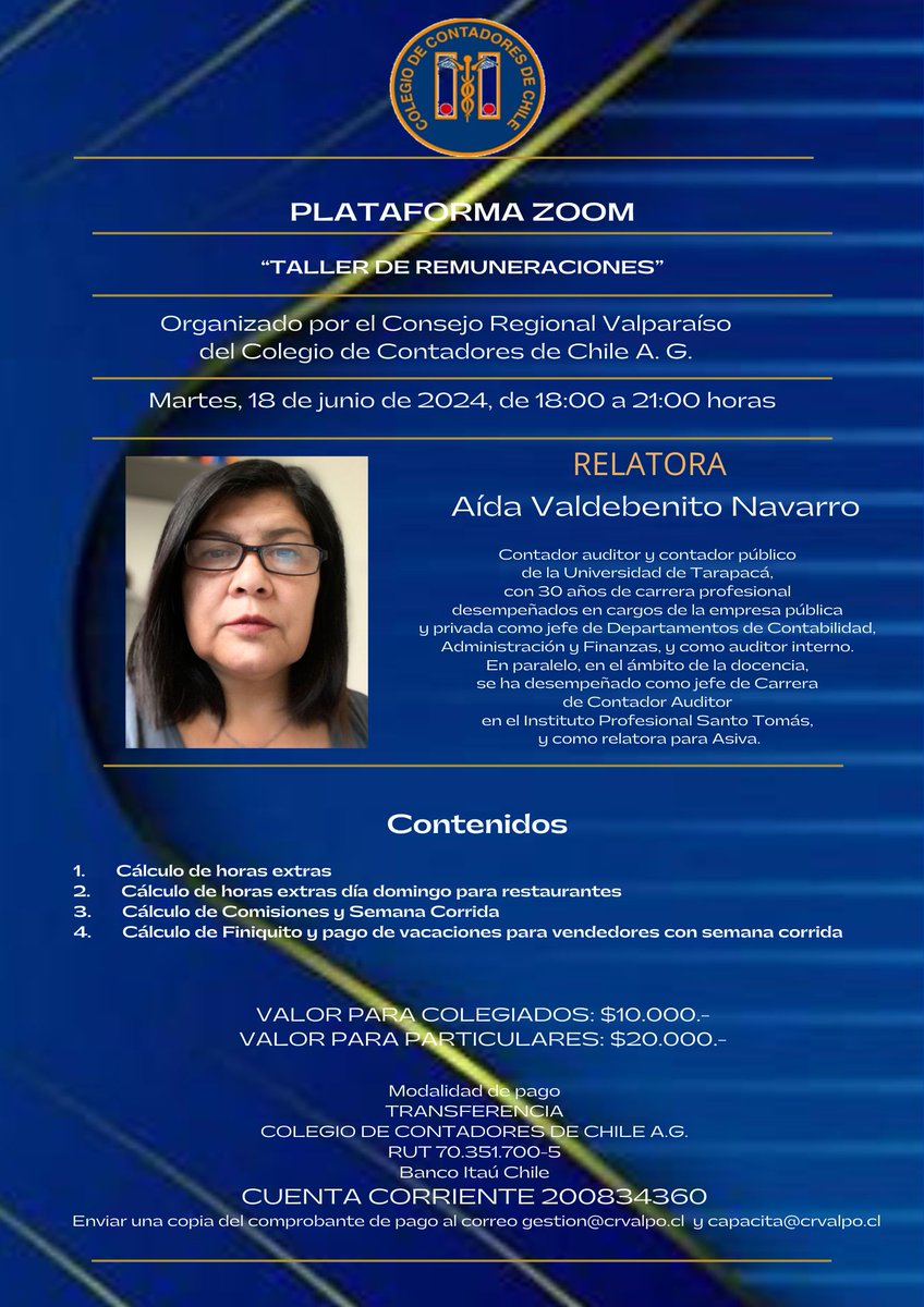 Invitamos a las colegiadas y colegiados activos para el próximo día martes, 18 de junio de 2024, de 18:00 a 21:00 horas, al Taller de Remuneraciones.