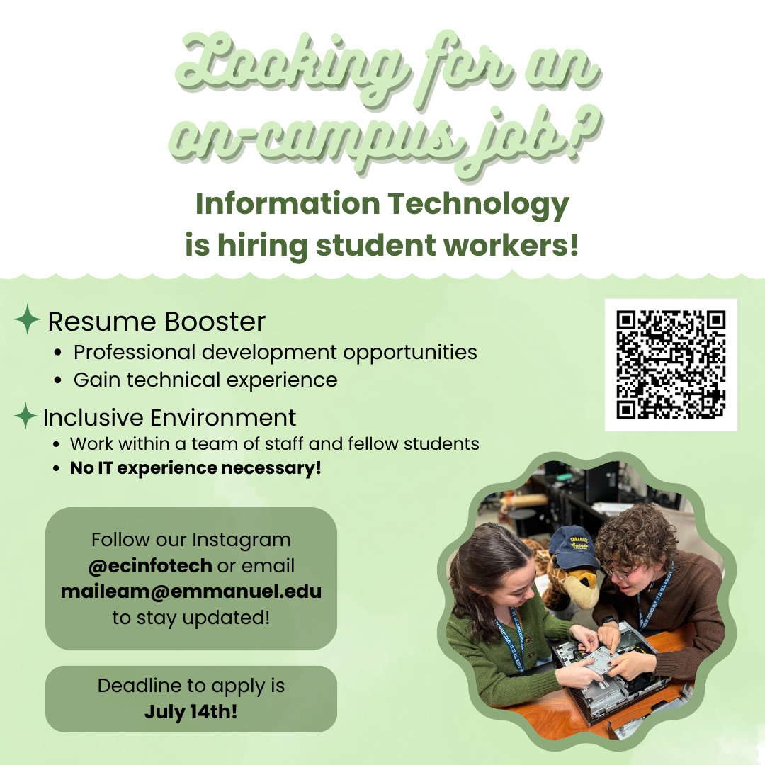 Need a job for the fall? Look no further than <a href="/EmmanuelCollege/">Emmanuel College</a>'s very own IT Helpdesk! Not IT experience necessary ☺️

Email our Student Employment Coordinator, Michaela, at maileam@emmanuel.edu for details