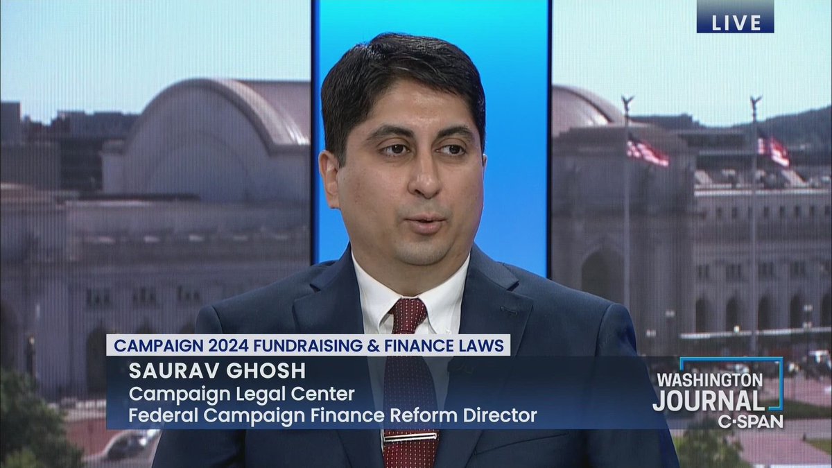 We invite the Campaign Legal Center's Saurav Ghosh (@SGhoshCLC) to discuss Campaign 2024 fundraising and federal campaign finance laws

Watch here: tinyurl.com/mwd66jdp