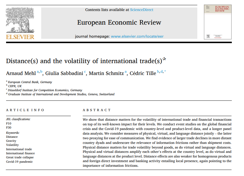 Giulia Sabbadini (@giusabbadini1) on Twitter photo Our new paper on distance(s) and the volatility of international trade(s) is now published in the European Economic Review. Check it out ⬇️
sciencedirect.com/science/articl…
Arnaud Mehl <a href="/ecb/">European Central Bank</a> <a href="/Schmitz_BoP/">Martin Schmitz</a> <a href="/ecb/">European Central Bank</a> @CedricTill4402 <a href="/GVAGrad/">Geneva Graduate Institute</a> Our new paper on distance(s) and the volatility of international trade(s) is now published in the European Economic Review. Check it out ⬇️
sciencedirect.com/science/articl…
Arnaud Mehl <a href="/ecb/">European Central Bank</a> <a href="/Schmitz_BoP/">Martin Schmitz</a> <a href="/ecb/">European Central Bank</a> @CedricTill4402 <a href="/GVAGrad/">Geneva Graduate Institute</a>