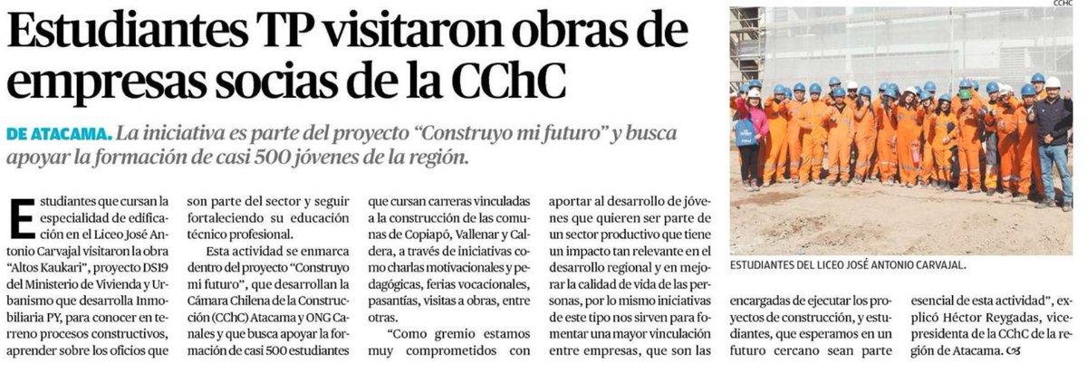 "Como gremio estamos comprometidos con aportar al desarrollo de jóvenes que quieren ser parte de un sector que tiene un impacto tan relevante en el desarrollo regional y en mejorar la calidad de vida de las personas", Héctor Reygadas, vice CChC #Atacama, en <a href="/diarioatacama/">Diario Atacama</a>