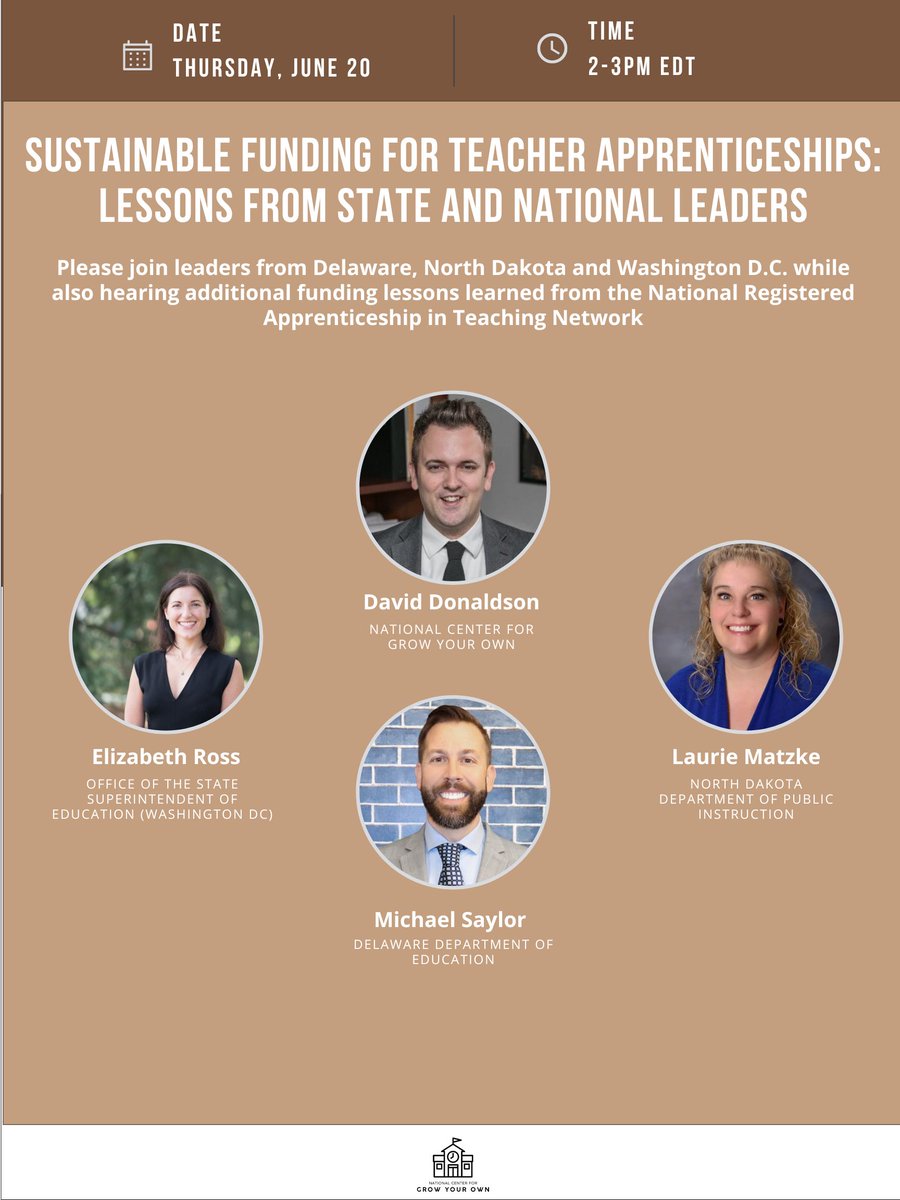 New Webinar Announcement: Join us Thursday, June 20th at 2pm EST. to discuss sustainable funding for teacher apprenticeships with leaders from @NDDPI, <a href="/OSSEDC/">OSSE</a> and <a href="/DEDeptofEd/">DE Dept of Education</a>.

CC: <a href="/MSaylorPhD/">Michael Saylor</a> <a href="/CarlaWarren2023/">Carla Warren, Ed.D., NBCT</a>  

Register here: zoom.us/webinar/regist…