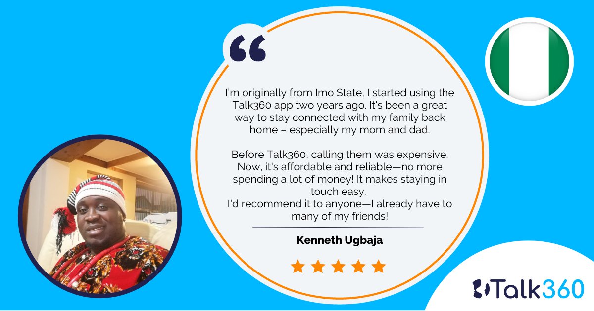 Talk360za's tweet photo. Missing loved ones back home in Nigeria?

Like Kenneth, you can use Talk360 to stay connected with your friends and family affordably and easily!

Download the Talk360 app today to try it out for yourself. You won't regret it 💙

#Talk360 #Nigeria #InternationalCalling https://t.co/j69eF0VMIo