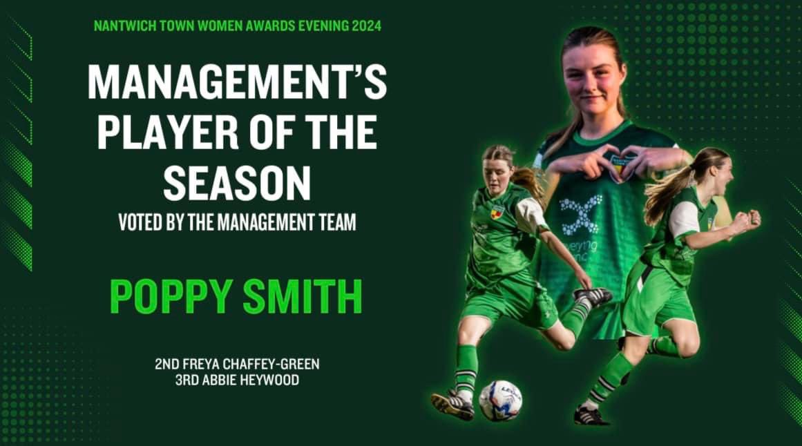 NantwichWomenFC's tweet photo. 🏆| 𝗠𝗔𝗡𝗔𝗚𝗘𝗠𝗘𝗡𝗧 𝗧𝗘𝗔𝗠’𝗦 𝗣𝗟𝗔𝗬𝗘𝗥 𝗢𝗙 𝗧𝗛𝗘 𝗦𝗘𝗔𝗦𝗢𝗡

Picked by manager Dan Mellor and his coaches, this went to Poppy Smith 👏 https://t.co/ENK3OmbTLp