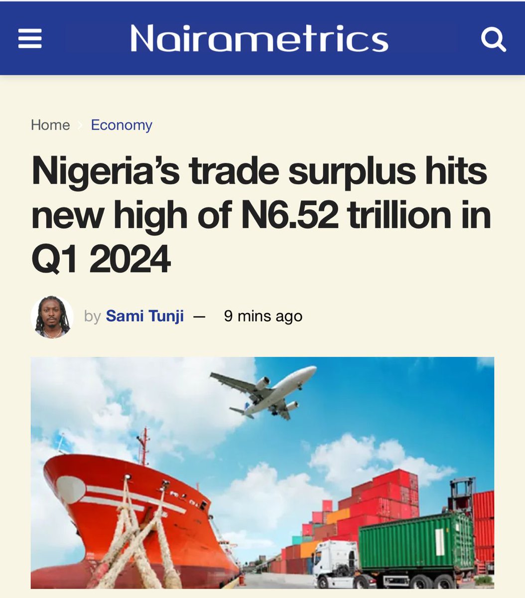 Nigeria’s foreign trade statistics report for the first quarter of 2024 reveals a significant trade surplus of N6.52 trillion. 

This is a significant recovery from the N1.41 trillion trade deficit recorded in the previous quarter (Q4 2023) &amp; the N927.2 billion in the same period