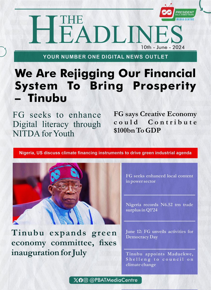 On today's #TheHeadlines, President Tinubu said his administration is still retooling and rejigging the nation's financial system to bring prosperity and relief to the country.

Good Morning Nigerians.