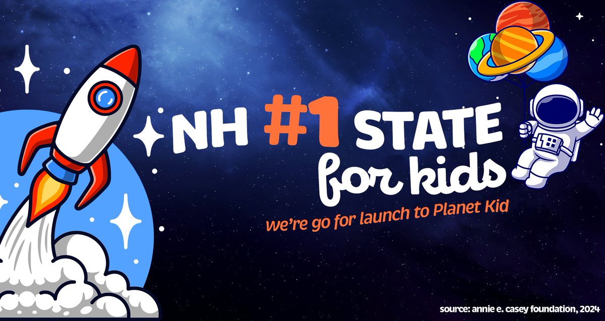 NH tops the list as the BEST STATE FOR KIDS!🚀

The <a href="/AECFNews/">Annie E. Casey Foundation</a> Kids Count study shows we set the gold standard for kids + families for a second year in a row!

#1 OVERALL
#1 FOR HEALTH
#1 FOR FAMILIES
#2 FOR ECONOMIC WELL-BEING
#4 FOR EDUCATION

NH = Go for Launch to Planet Kid!🪐