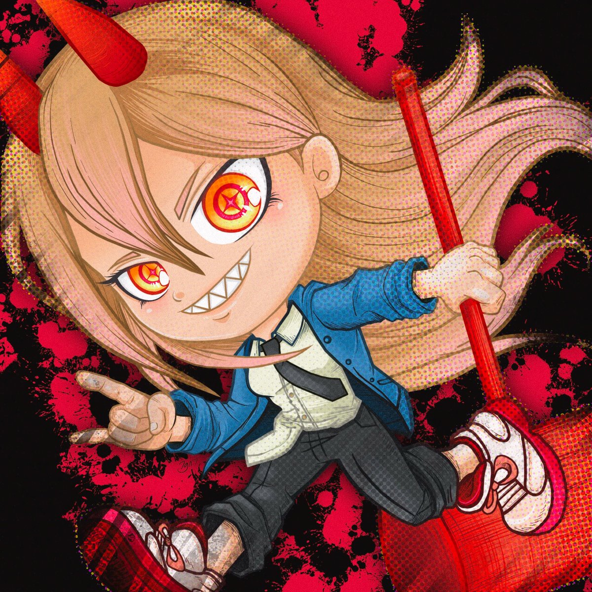 Igniheart's tweet image. ...and one for the cons! POWER! My fav Chainsaw Man character! I love her powers as the Bl*od Demon. This encapsulates my two art distinct styles I think: cute and monstrous? #chainsawman #chainsawmanpower #chainsawmanfanart