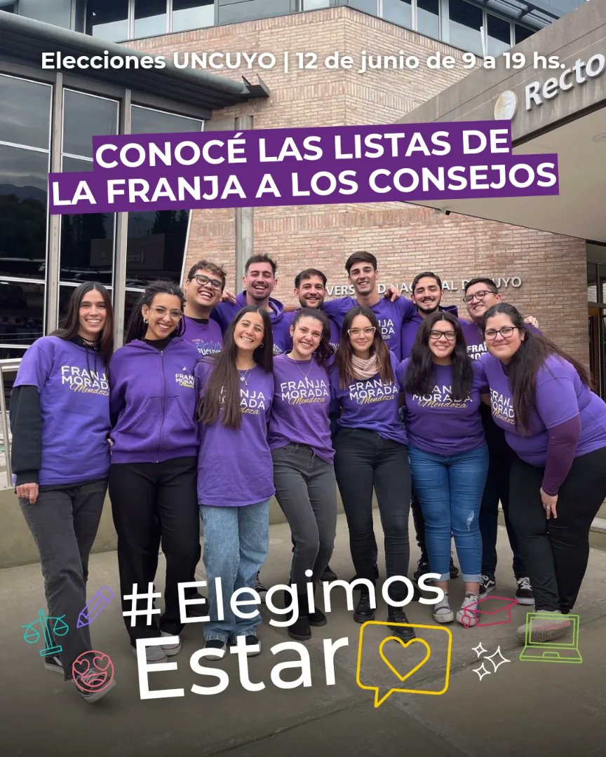 FranjaMendoza's tweet photo. El 12 de junio en las #EleccionesUNCUYO votá a los que #ElegimosEstar 💜🙌🏼 Estas son las listas de la Franja para representarte en los Consejos 💬 

Conocelas en este hilo 🧵👇🏼 https://t.co/WQ399p245H