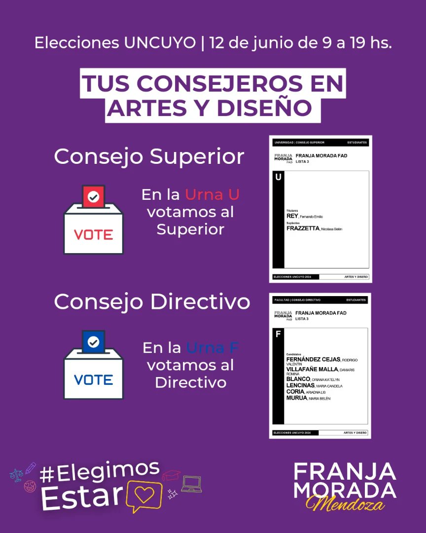 FranjaMendoza's tweet photo. La @fadfranjamorada a los Consejos 💜

👉🏼 Recordá que el 12 de junio votamos a nuestros representantes estudiantiles 🗳 Vas a encontrar 2 urnas: en la U 🔴 votamos al Superior y en la F 🔵 votamos los Directivos. https://t.co/FPF2eyp5Tf