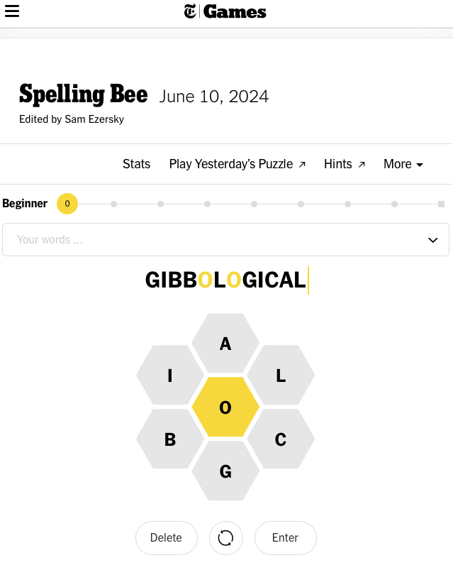 driglar's tweet image. Hey @gibbological, have you seen the @nytimes Spelling Bee today?