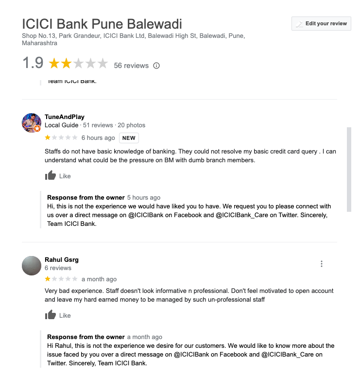 dnc899's tweet photo. It would help if you fix this branch. just replying to users to use Facebook and Twitter to resolve queries does not make sense. @ICICIBank_Care @ICICIBank @ICICI_Direct . Branch on high street with a poor rating. https://t.co/Uu5vzAuuFH