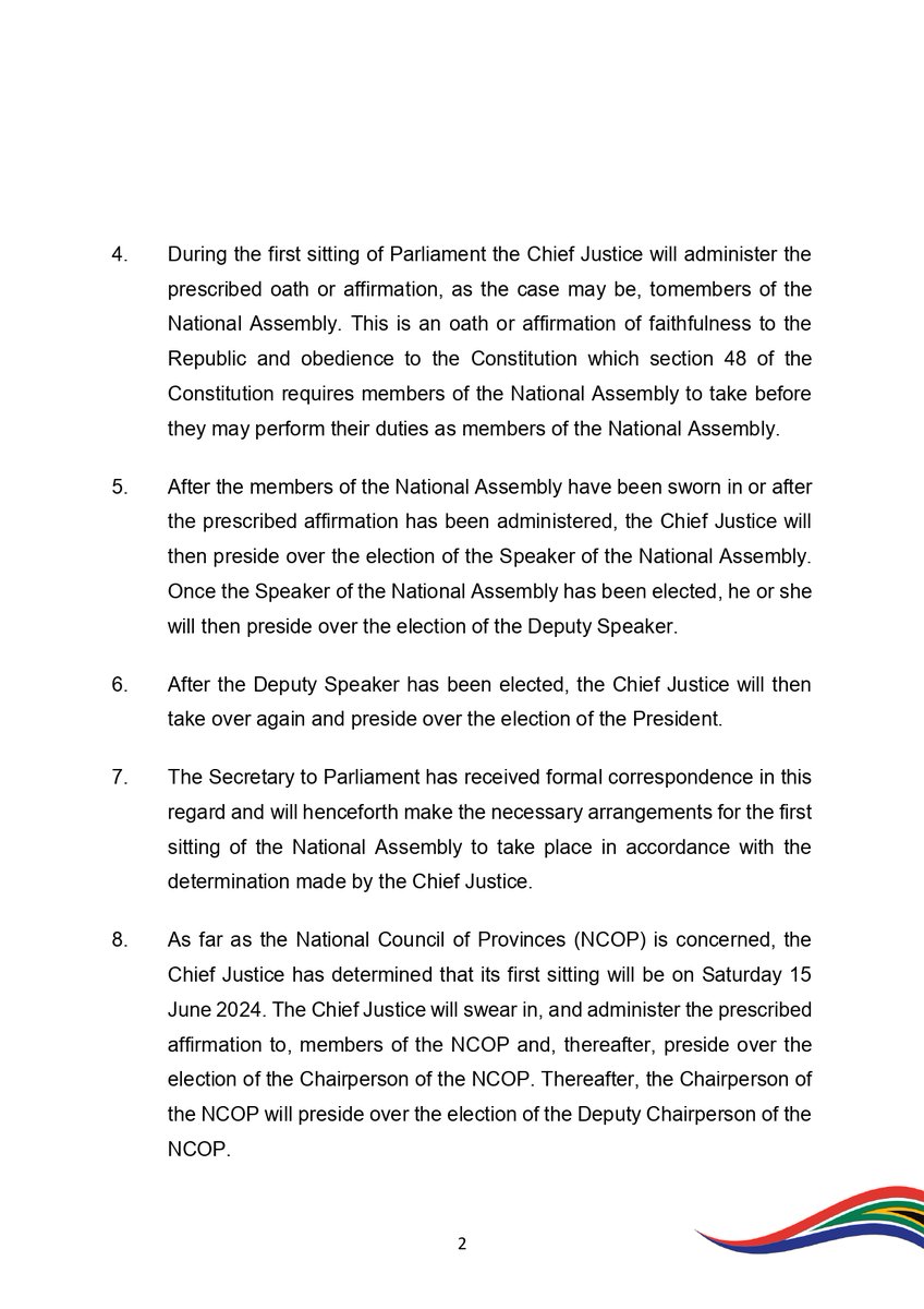 OCJ_RSA's tweet photo. 10 June 2024

Office of the Chief Justice

Determination of the First Sitting of the National Assembly by the Chief Justice.

#NationalAssembly
#ChiefJusticeZondo https://t.co/jlyHVie4kQ