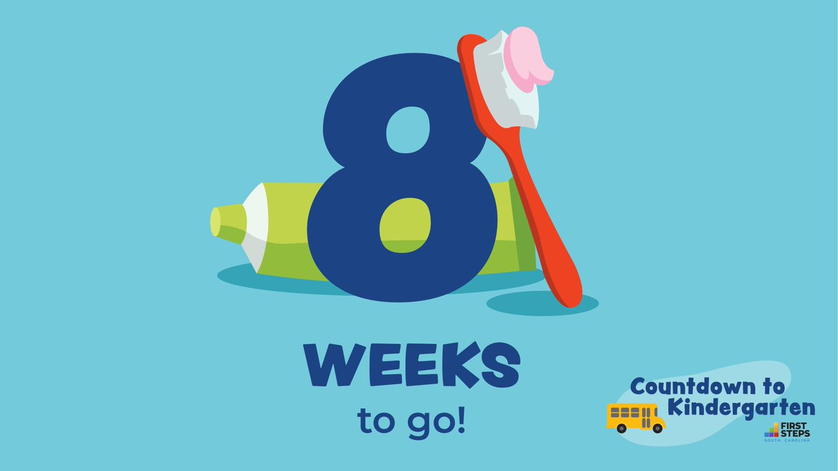 SCFirstSteps's tweet photo. 8 weeks until kindergarten! Help your child prepare by encouraging self-help skills at home: brushing teeth, washing hands, toileting, and getting dressed. These skills build the confidence and independence they'll need in the classroom. https://t.co/ML41YtUzka #CountdownSC https://t.co/EJQ6GbgFK7