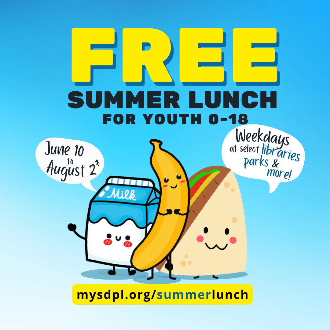 SDPublicLibrary's tweet image. FREE Summer Lunch starts TODAY all throughout San Diego! We’re inviting all youth ages 0-18 to lunch with us at #SanDiegoCentralLibrary, #CollegeRolandoLibrary &amp;amp; #SkylineHillsLibrary! mysdpl.org/summerlunch