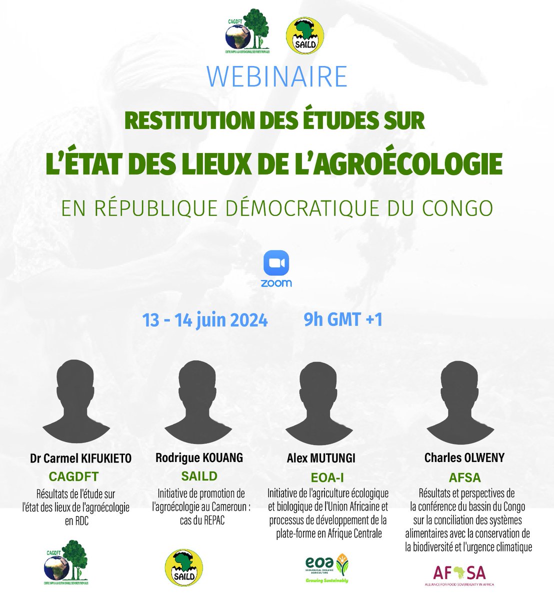SAILD avec CAGDFT organise un atelier hybride les 13 et 14 juin 2024, qui mettra en exergue les résultats de l'état des lieux de l'#agroécologie en RDC et quelques initiatives en faveur de l'agroécologie dans le bassin du Congo. Suivez le webinaire ici: 
us06web.zoom.us/j/89269706712?…