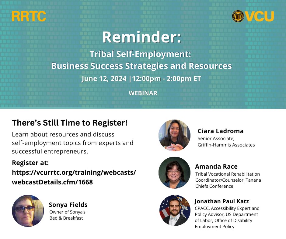 📅6/12 Webcast (12 pm-2 pm ET) Tribal Self-Employment: Business Success Strategies and Resources

Register: vcurrtc.org/trai.../webcas…

The VCU Rehabilitation Research and Training Center (VCU RRTC) is part of the VCU School of Education.
