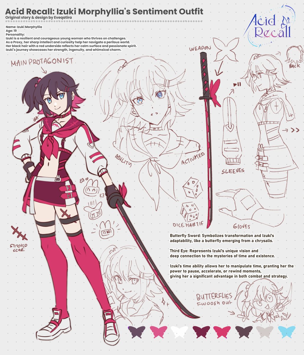 Eveqatira's tweet photo. Izuki Morphyllia, she's the main protagonist in my story, Acid Recall #iRA_ocs

Finally I finalize her sentiment outfit look~🦋🎲 https://t.co/59dspdfTN6