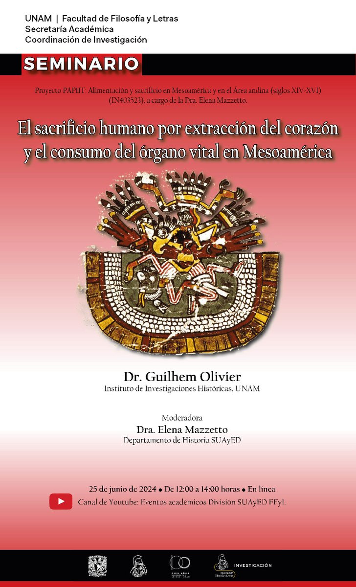 filos_unam's tweet photo. La #Coordinación de Investigación FFYL te invita al #Seminario 
El sacrificio humano por extracción del corazón y el consumo del órgano vital en Mesoamérica
📆25 de junio/ 12:00 Horas
#Transmisión por: #Transmisión por: https://t.co/Ucw8HPnT0z

¡No te lo pierdas! https://t.co/e0b5eFbij1