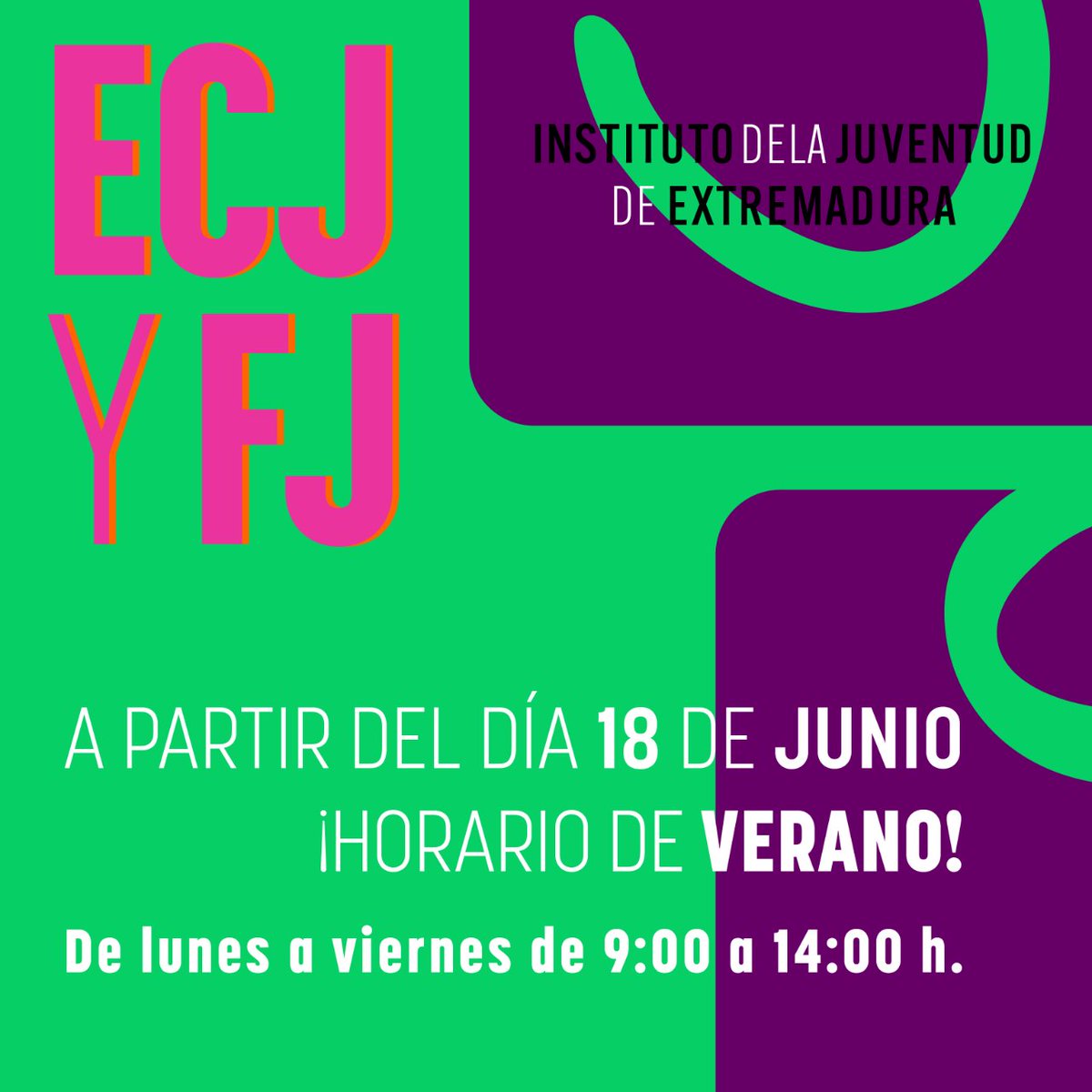 IJExtremadura's tweet photo. ⚠️ ¡Info importante! Cambio de horario a la vista 🧐 
📅 A partir del 18 de junio estrenamos horario de verano 🌊🍧
¡Apúntalo en tu agenda y veeeeente a nuestros #ECJs y #Factorías! 💥
#juventudextremeña #IJEX #juventud #extremadura https://t.co/2UWAU81txb