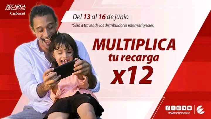 ¡ Celebra a papá con nosotros!
Promoción de #RecargaInternacional del 13 al 16 de junio.
Si recibes a través de nuestros distribuidores internacionales, una recarga entre 500CUP y hasta 1250CUP, multiplicarás el monto del dinero recargado X12 en tu saldo principal.