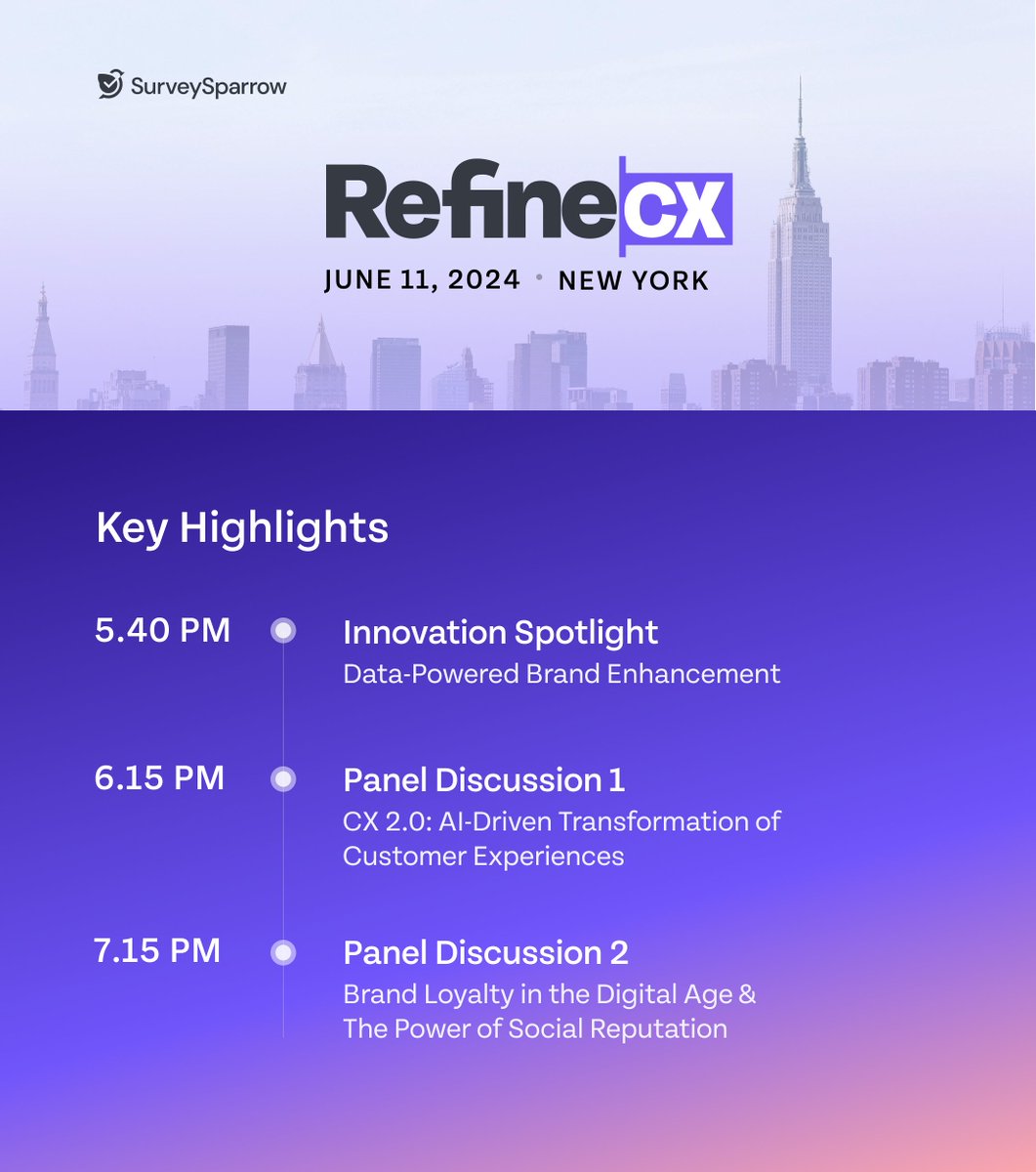 So what's on offer at RefineCX USA?

Discover ideas and takeaways on the hottest subjects in the industry, as well as some cutting-edge capabilities from SurveySparrow's acclaimed customer experience management platform.

#RefineCX #RefineExperience #CustomerExperience #CX #B2B