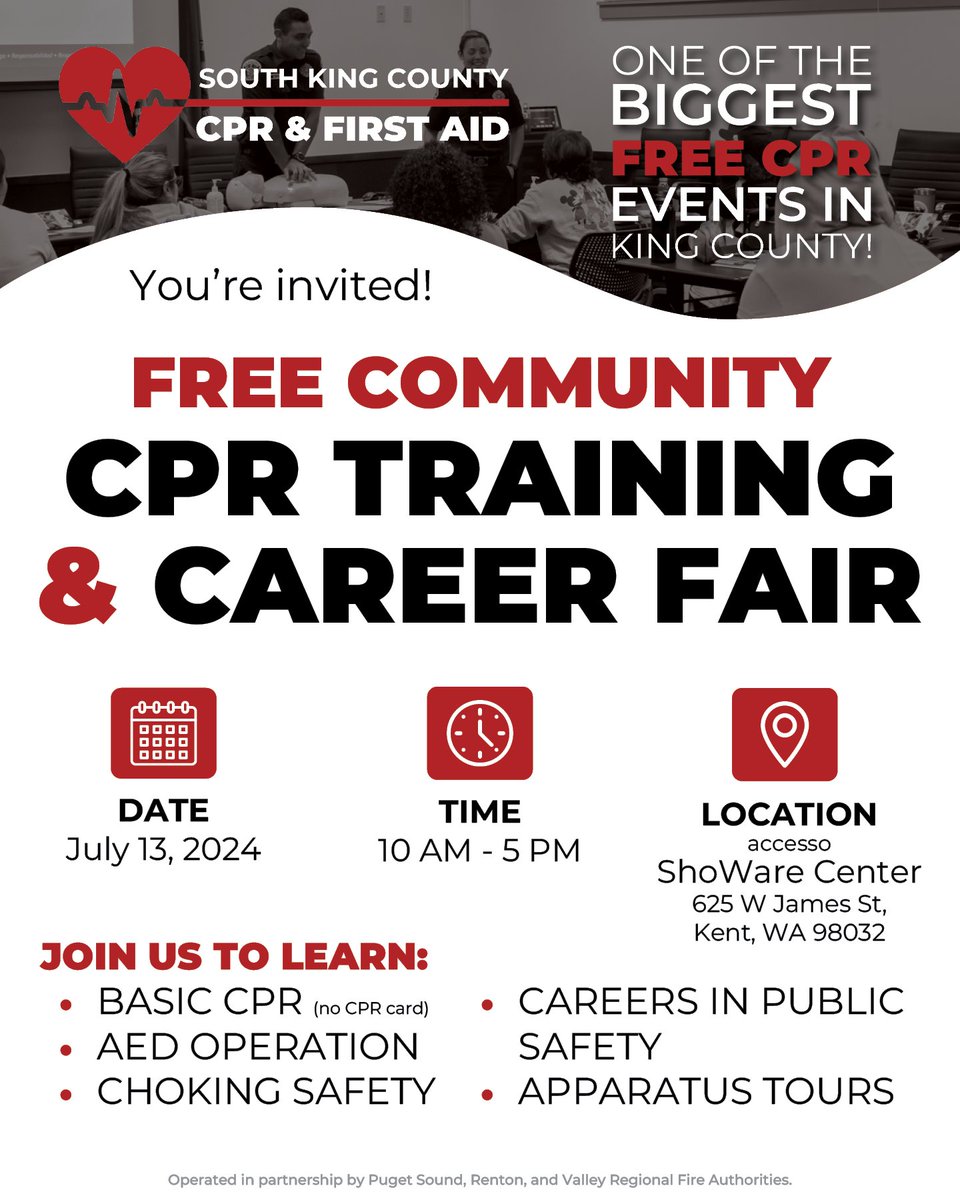 RentonRFA's tweet photo. 📣 FREE CPR EVENT! 📣 Join us on July 13, 2024 between 10am and 5pm to learn CPR, AED operation, and choking safety; discover public safety career opportunities; tour fire engines; and more! For more info, visit: https://t.co/QuqED259SN #freecprtraining #rentonstrong https://t.co/LjHiPNi5Ec