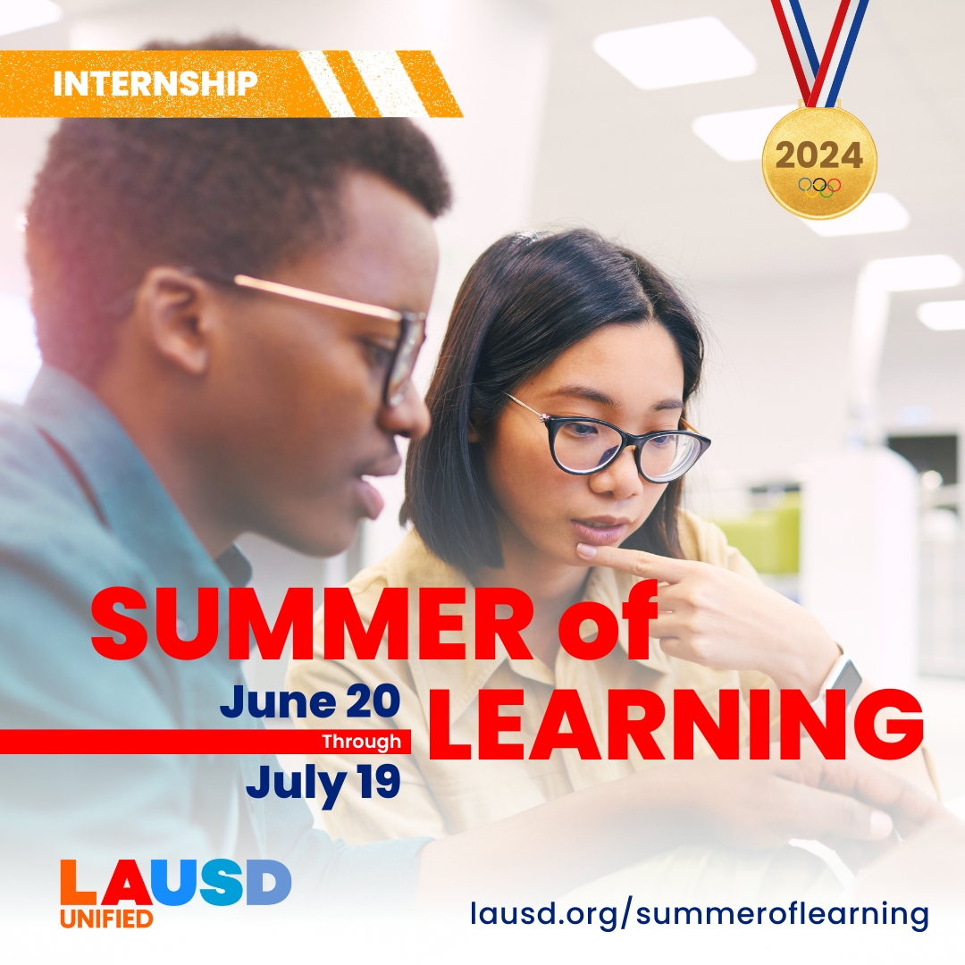 Exciting news! <a href="/LASchools/">Los Angeles Unified</a> introduces the #SummerOfLearning Internship program for Rising Seniors dedicated to exploring careers in public education. Discover your #SummerOfLearning internship. Apply at lausd.org/summeroflearni…