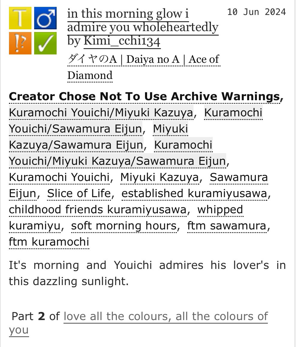 My entry for week 2 of the #transdaiyamonth is finally done!

Go get yourself some soft kuramiyusawa, everyone!

 archiveofourown.org/works/56553703