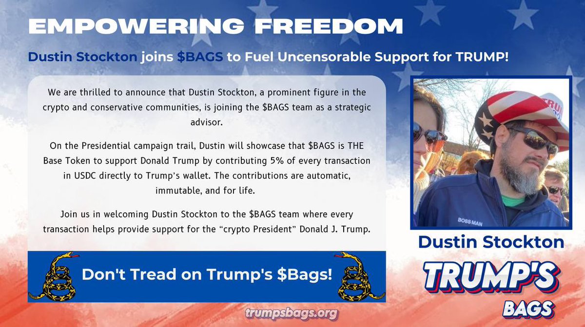 I'm excited to join the $BAGS team as a strategic advisor to help amplify the reach of this groundbreaking project. Soon, I'll be taking the $BAGS mission on the campaign tour to show everyone the power of $BAGS and why uncensorable support for President Trump is crucial in our