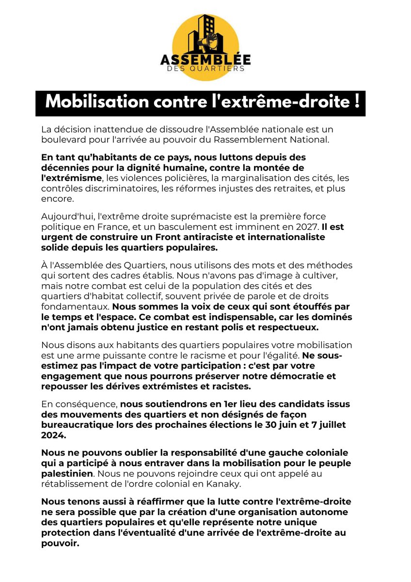 Onsenmele2022's tweet image. Communiqué de l&apos;Assemblée des Quartiers ! 
Nous avons besoin d&apos;une organisation autonome pour mener l&apos;offensive contre l&apos;extrême-droite 👇