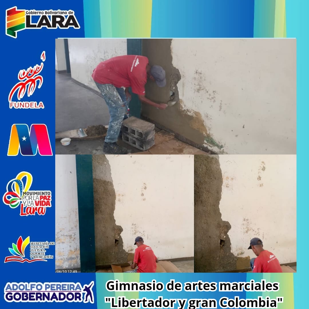 #10Jun El equipo asignado al gimnasio de artes marciales "Libertador y Gran Colombia", se encuentra en la primera fase de restauración de paredes, en diferentes zonas de la instalación.
#NicoTieneLasRiendas
<a href="/NicolasMaduro/">Nicolás Maduro</a> <a href="/AdolfoP_Oficial/">Adolfo Pereira Gobernador</a> <a href="/Miguelangel_gch/">Miguel González</a> <a href="/MervinMaldonad0/">Mervin Maldonado</a>