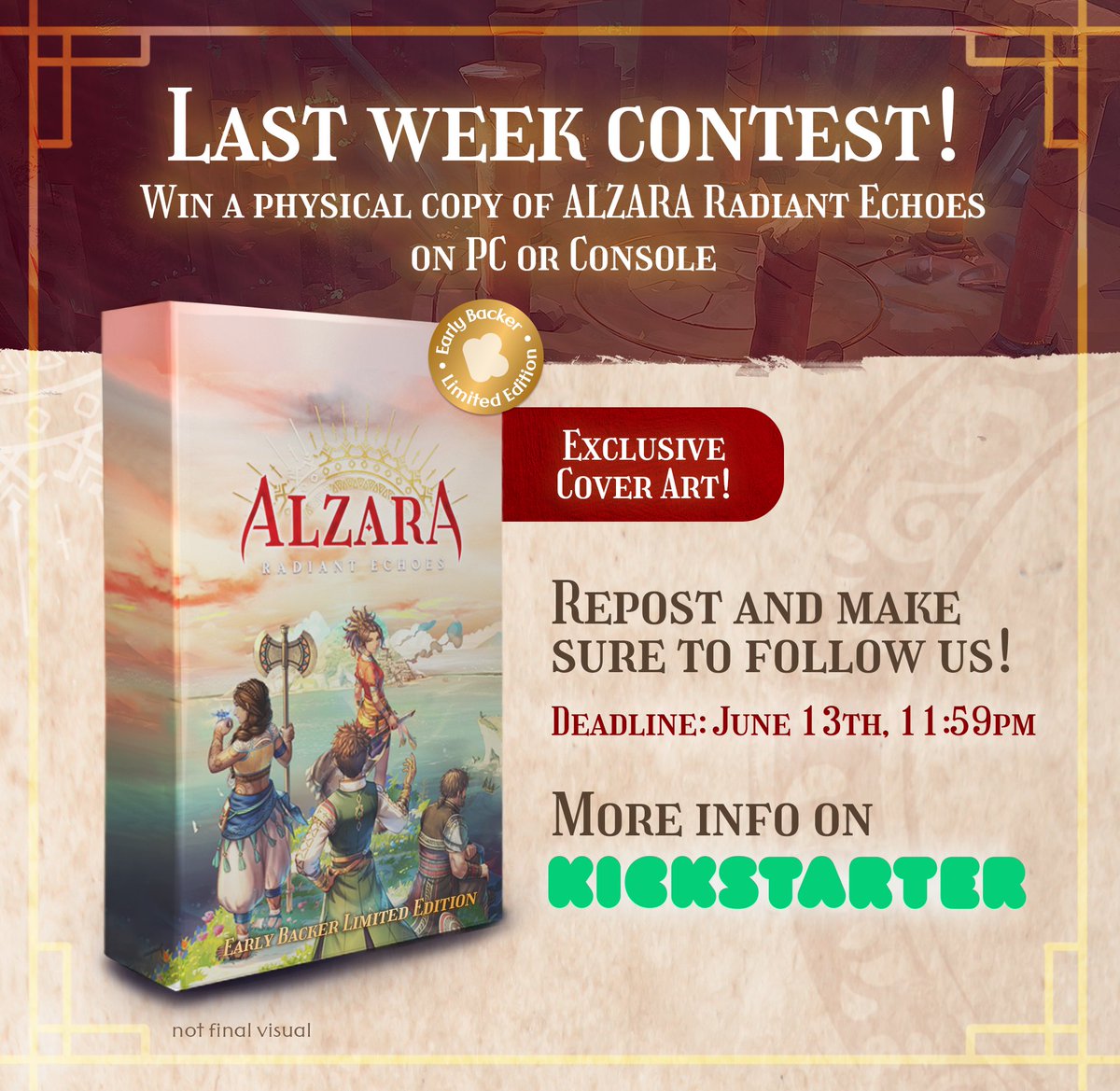 StudioCamelia_'s tweet image. 🥳 We are giving away a Kickstarter-exclusive physical edition of our upcoming JRPG, ALZARA: Radiant Echoes, to one lucky winner! 🎉

To enter, please follow our account + like &amp;amp; retweet this post! The deadline to enter is June 13, 11:59pm EDT.