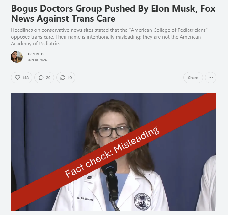 ErinInTheMorn's tweet photo. 1. In viral disinformation, over 50 million viewed a video from the "American College of Pediatricians" announcing they were against trans care.

The groups is named similarly to the "American Academy of Pediatrics," the real professional org.

Subscribe to support my journalism. https://t.co/PcykteSexQ