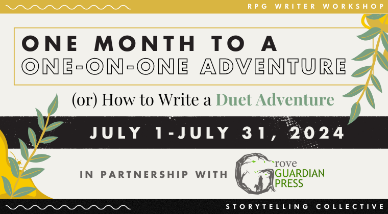 StorytellingCol's tweet photo. One Month to a One-on-One Adventure is open for registration!

This month-long workshop, from July 1-31, is all about writing "duet" #ttRPG adventures (one player and one GM). So we brought in the experts: Dr. Beth Ball and Jonathan Ball from @DndDuet!

Link in follow-up tweet: https://t.co/tgcxK1I3Vx