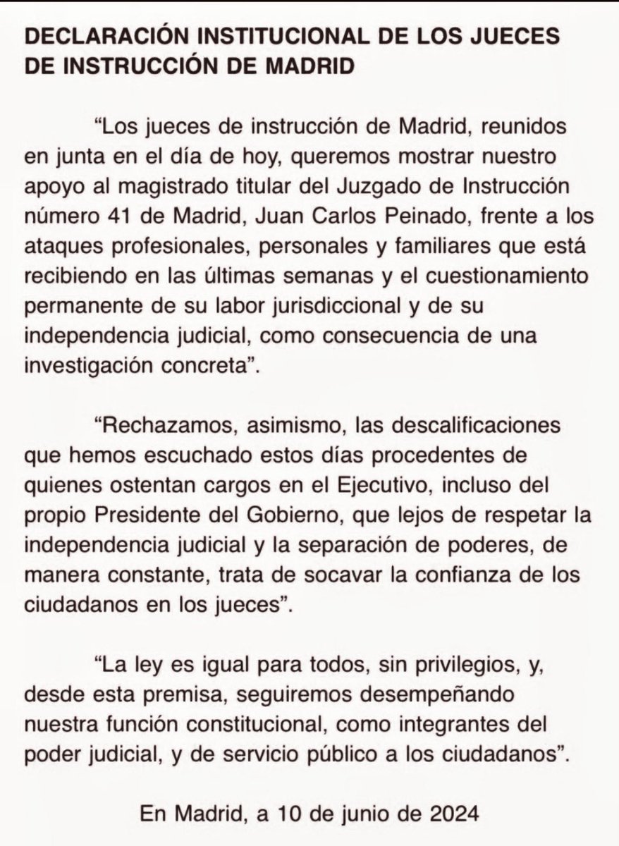🔴🔴 Este comunicado, absolutamente extraordinario e inusual de los Jueces de Instrucción de Madrid, da una idea de la gravedad de los ataques frente al titular del Juzgado de Instrucción número 41 de Madrid. 👇👇👇👇👇👇👇