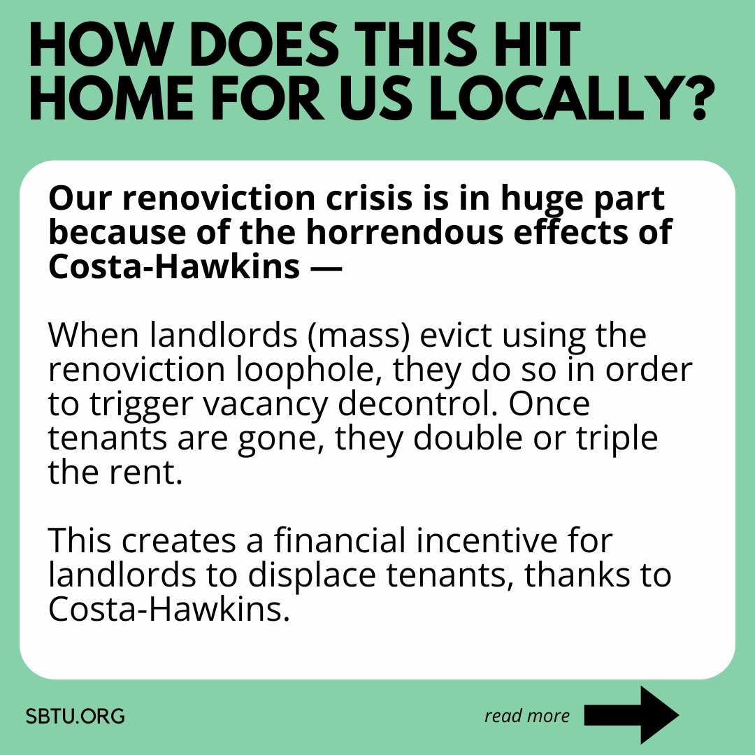 Why vote for the Justice for Renters Act in November?

Swipe through these 8 slides to understand the devastating effects a 1995 law called Costa-Hawkins had/has on us as tenants. 

The bottom line is that we need to repeal Costa-Hawkins so we can have REAL rent control.