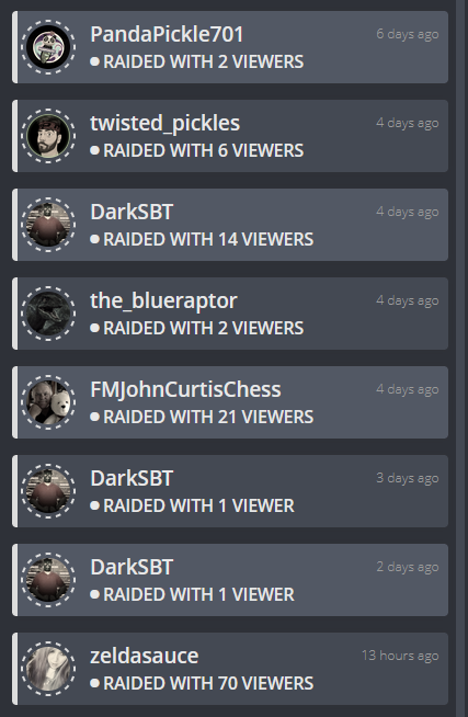 Thank you to all the Raids this week. Go check them out friends. Click on the pic for more details. All on Twitch