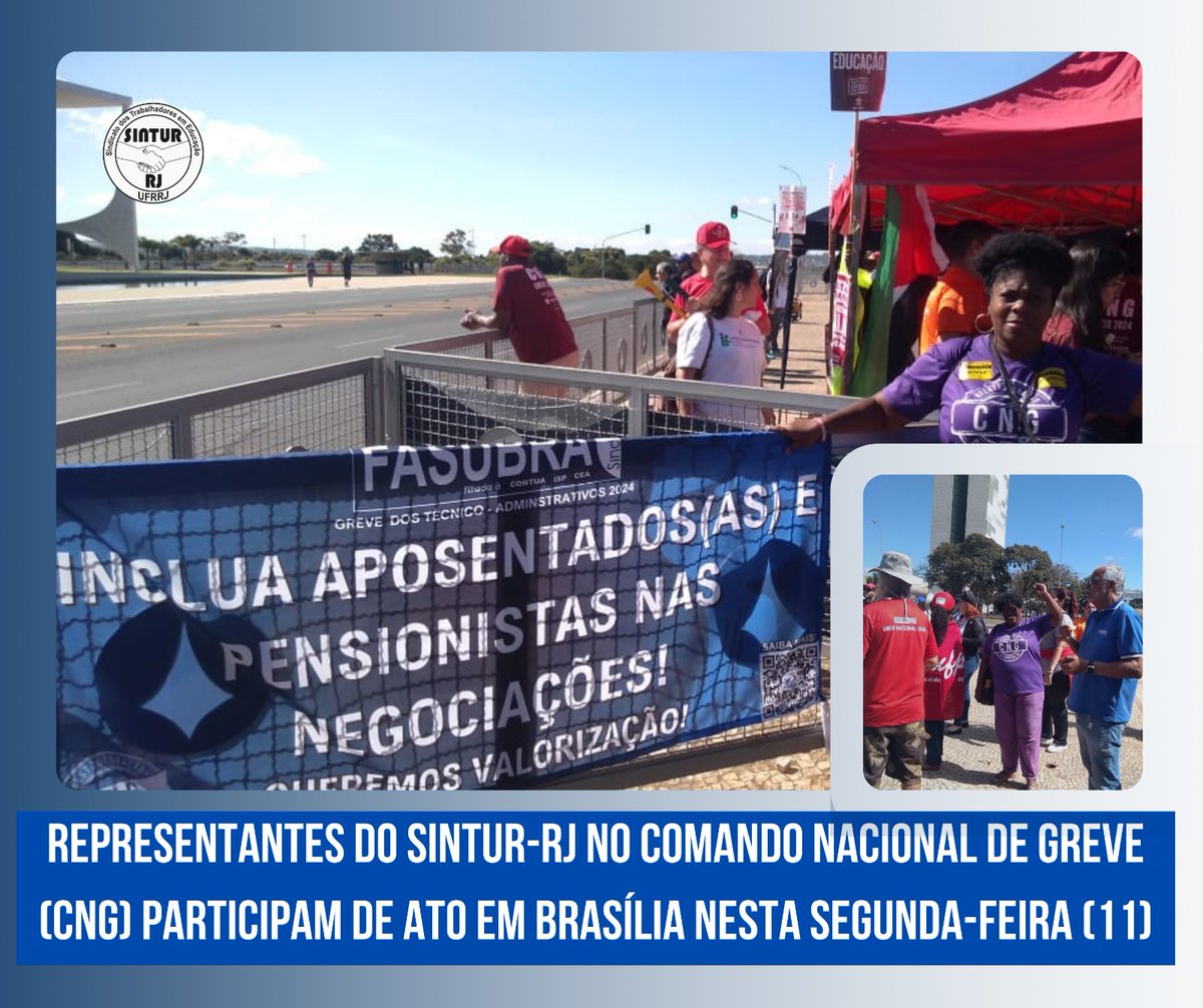 Nesta segunda-feira (10), representantes do SINTUR-RJ no CNG participaram de ato em Brasília. 

Os TAEs estiveram, desde às 07h, unindo forças para criar um espaço de diálogo com a ministra da Gestão e da Inovação em Serviços Públicos, Esther Dweck.