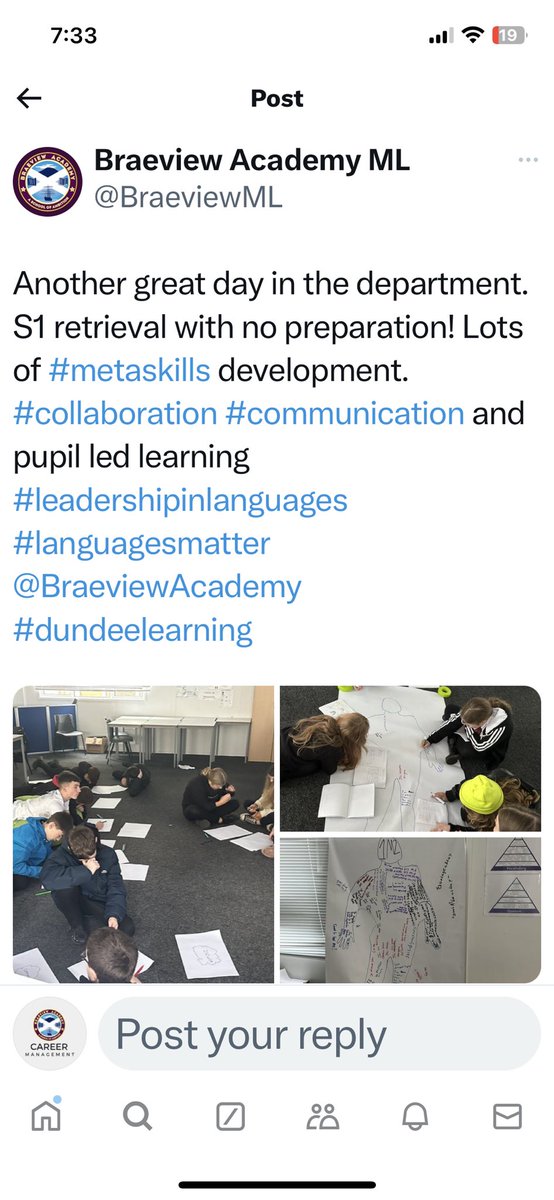 Braeview_DYW's tweet photo. It was great to spend time in the @BraeviewML department this afternoon to see how learning is contextualised for the world of work using the Braeview skill set
#DYW
#DundeeLearning
#WeAreBraeview https://t.co/dQGLtebOqn