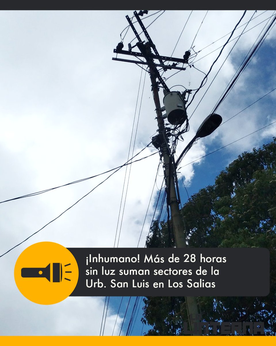 Desde las 10:00 de la mañana de este domingo #9Jun vecinos de las calles La Milagrosa, San Rafael y El Manantial de la urbanización San Luis en el municipio Los Salias están sin electricidad.
<a href="/CorpoelecInfo/">Corporación Eléctrica Nacional</a>
#información
#lossalias
#sinluz
#lalinterna
instagram.com/p/C8C33dmuUnJ/…
