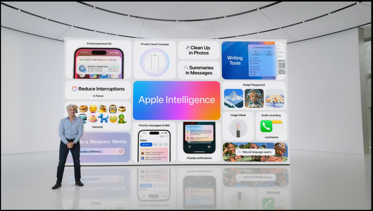 aruld's tweet photo. Apple Intelligence (runs on device and/or on private cloud), Apple unlocks many interesting AI experiences #WWDC24 https://t.co/XxBbAuJuV5