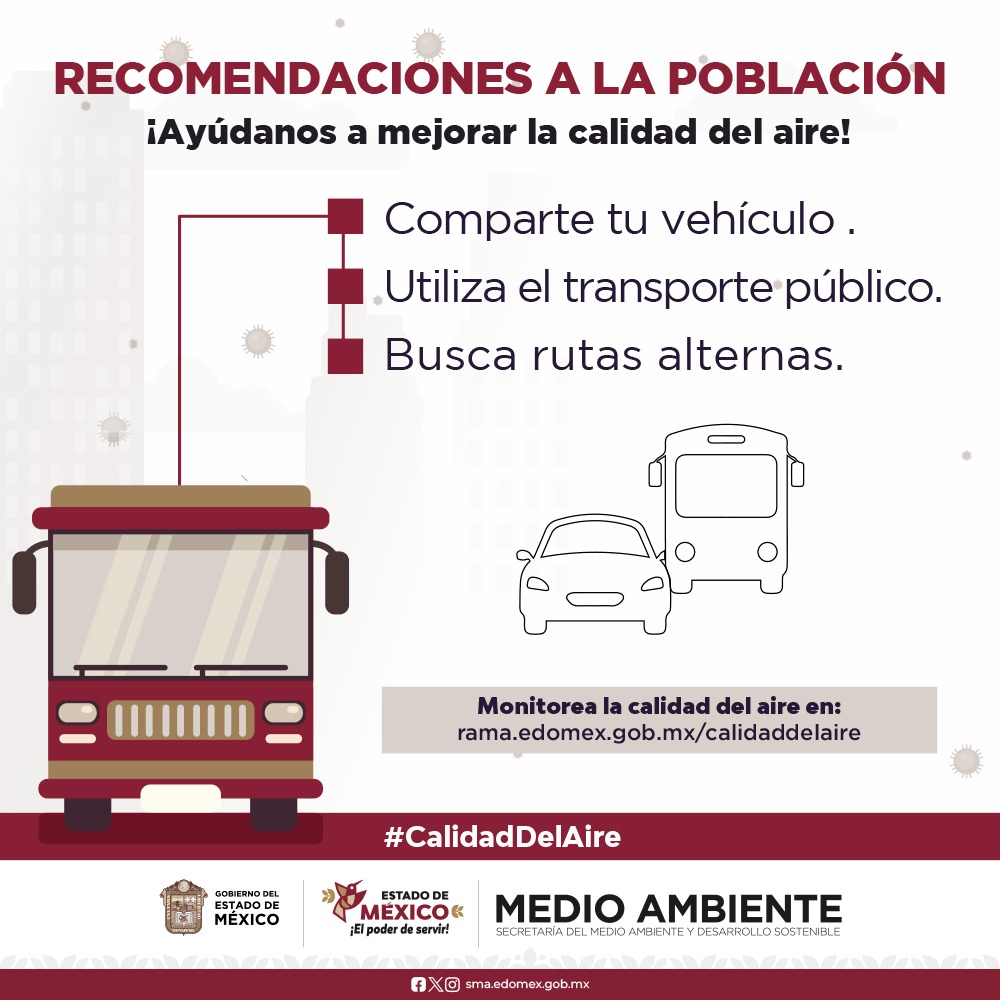 Te compartimos algunas sencillas recomendaciones para poder mejorar la #CalidadDelAire en nuestra entidad.  
Más información en: rama.edomex.gob.mx/calidaddelaire
#ElPoderDeServir