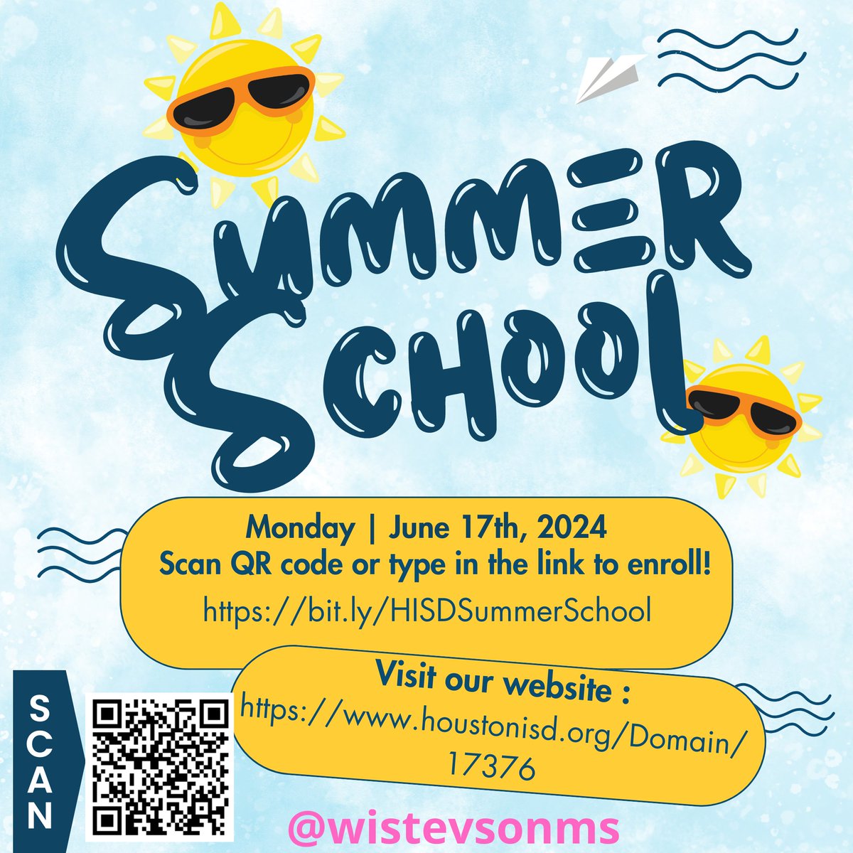 Summer School Enrollment: Parents &amp; Ss of <a href="/WIStevensonMS/">Stevenson Dragons</a> 
If you received a letter stating that you are to attend summer school, please click the link below, or you can scan the QR code to enroll in summer school today! 
🔗Link: bit.ly/HISDSummerScho… 
@HisdSouth #HISDStrong